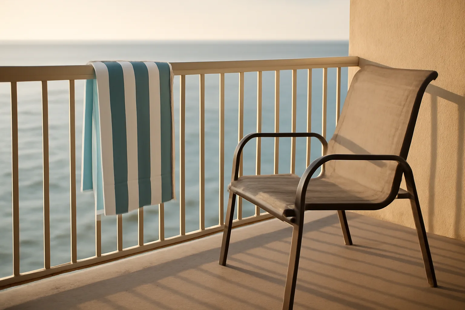 Empty resort condo balcony at sunset, evoking the decision to exit a timeshare