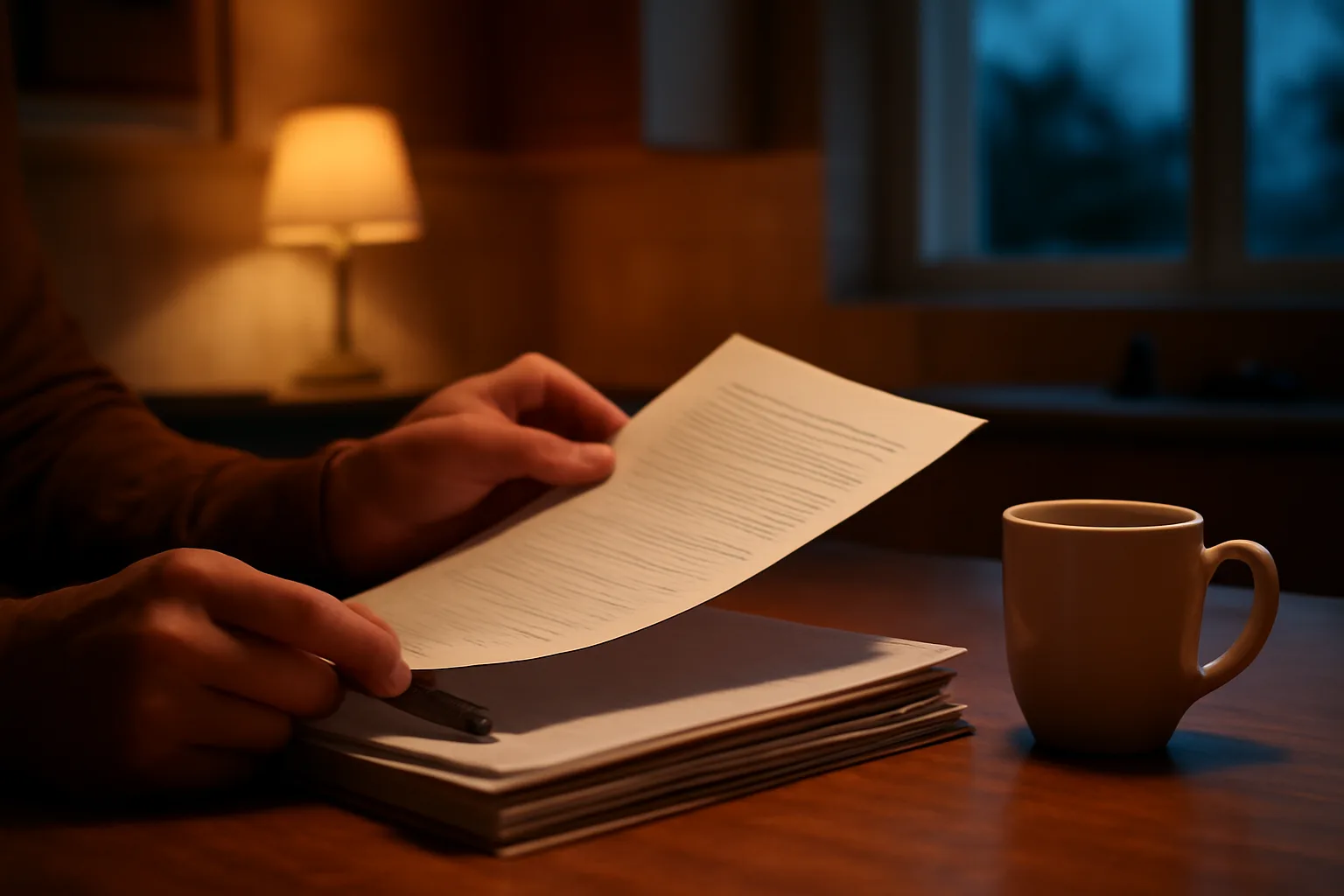 Person reviewing timeshare paperwork at a kitchen table while researching how to get out of it
