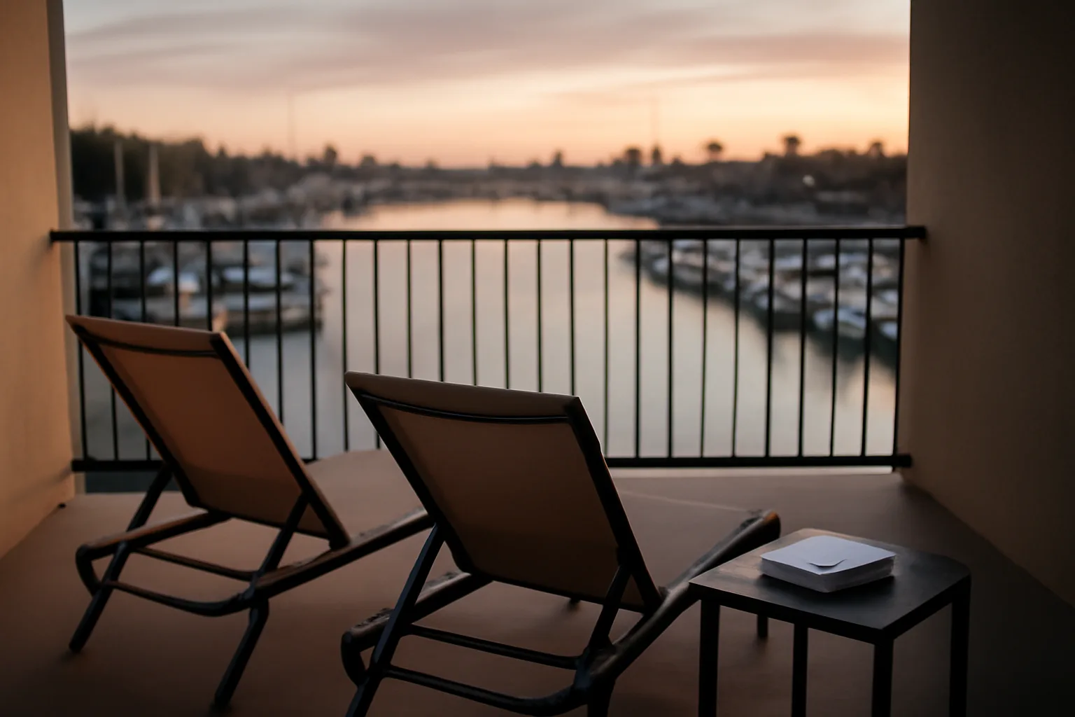 Empty timeshare resort balcony at dusk with folded chairs and stacked mail