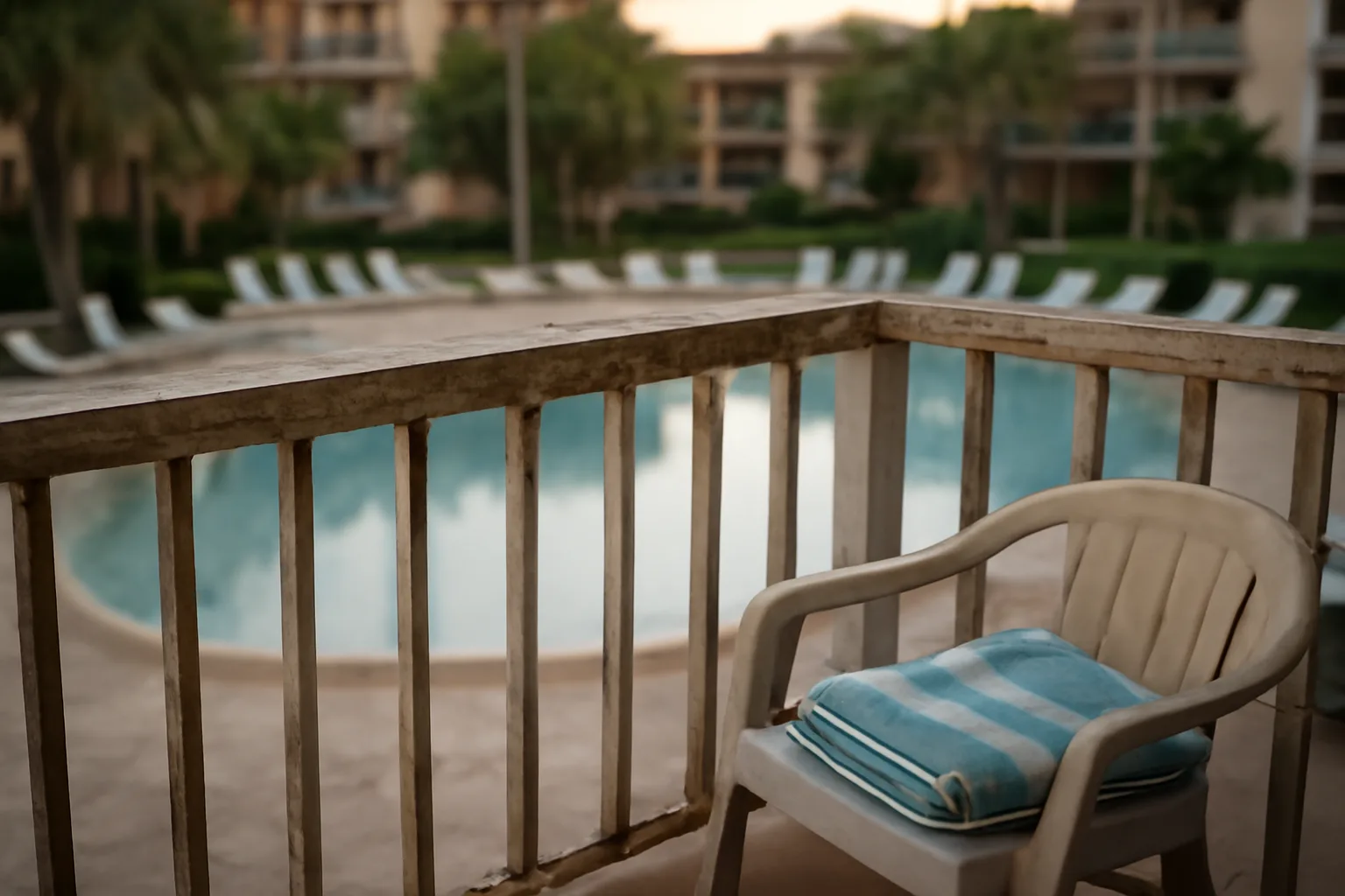 Empty resort condo balcony at dawn, representing the search to get rid of a timeshare