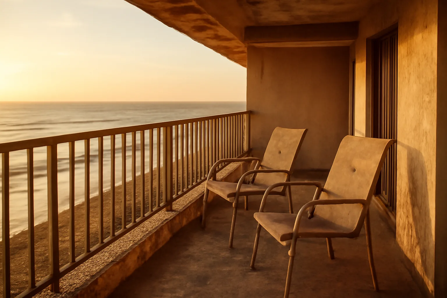 Empty resort condo balcony at sunset symbolizing the process of getting rid of timeshares