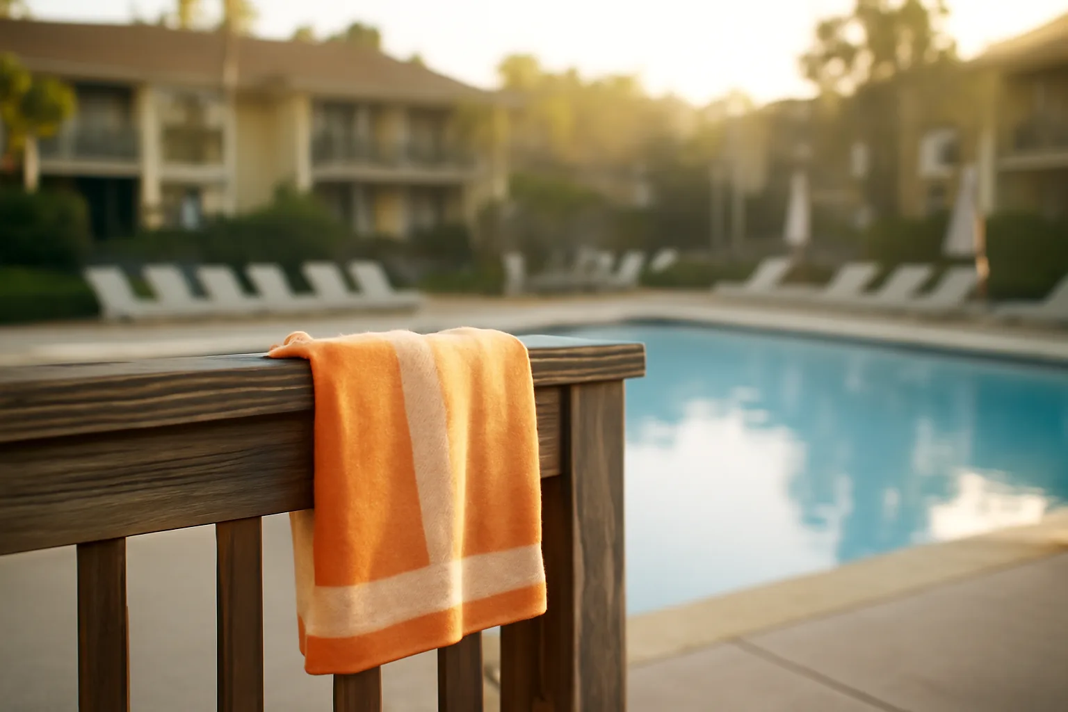 Empty resort pool deck at sunrise representing timeshare ownership decisions