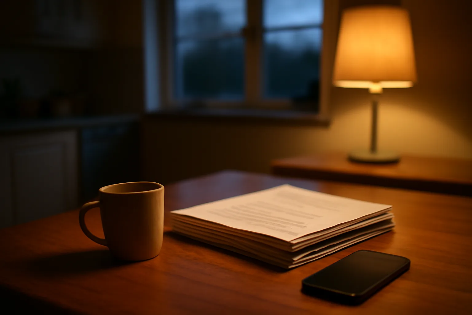 Owner reviewing timeshare paperwork at a kitchen table before calling an exit company