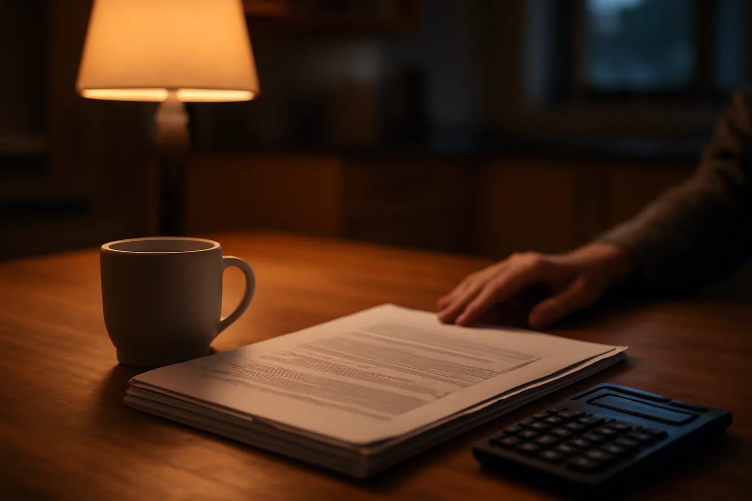 Homeowner reviewing timeshare contract papers and calculator at kitchen table