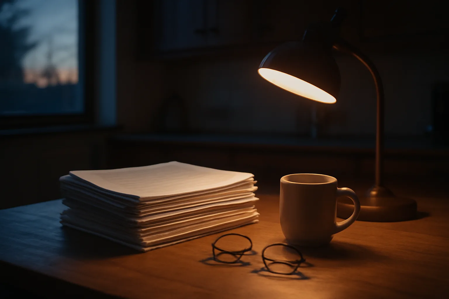 Kitchen table with contract papers and coffee mug under lamp light