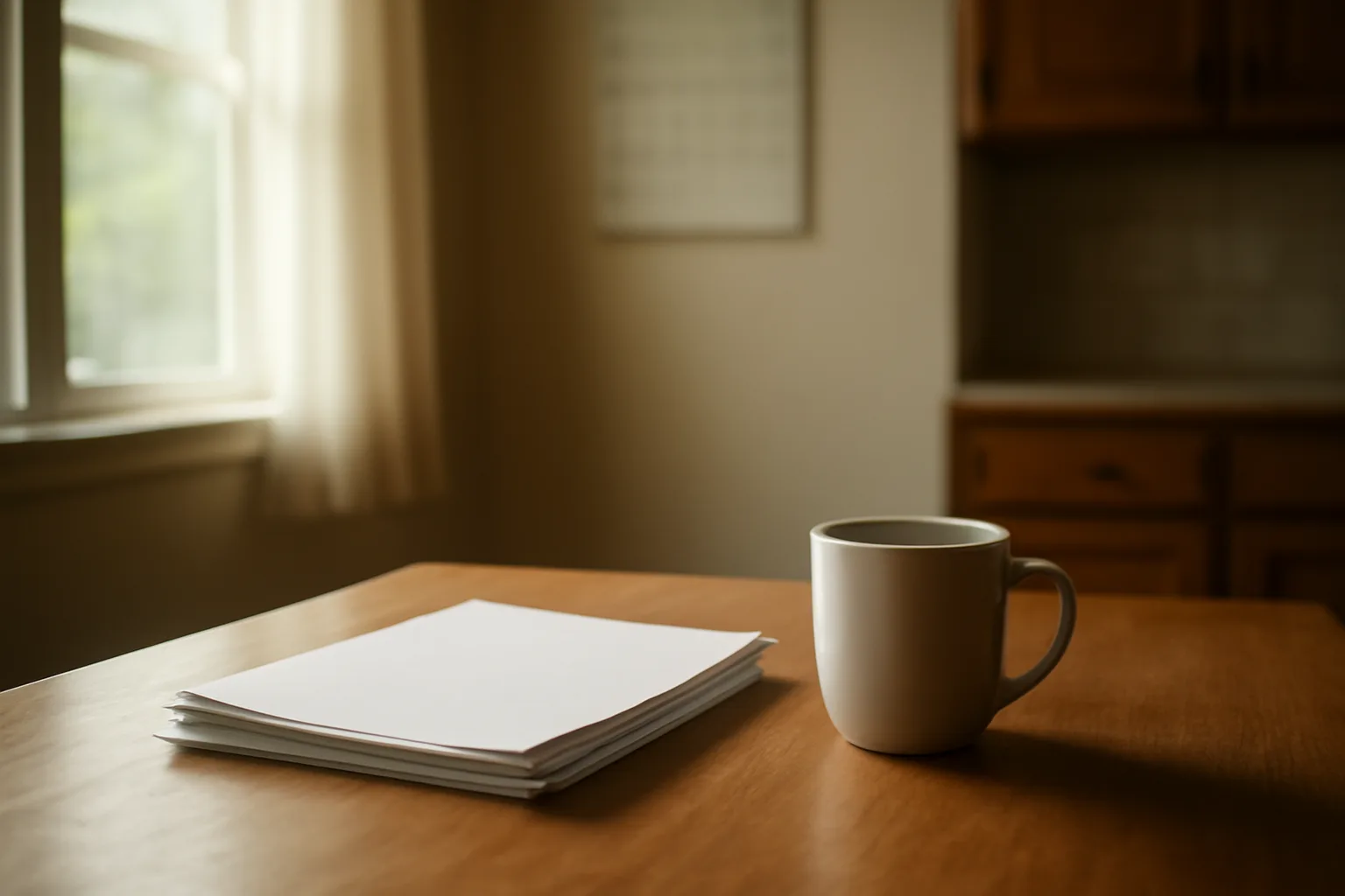Homeowner's kitchen table with paperwork and coffee, weighing how to get out of a timeshare
