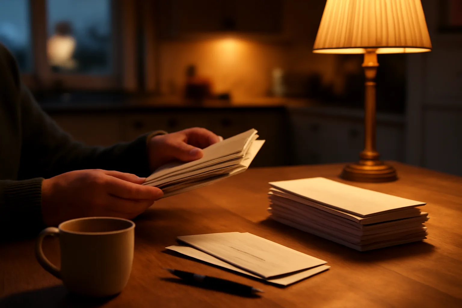 Hands sorting certified mail envelopes at a kitchen table while researching timeshare exit options