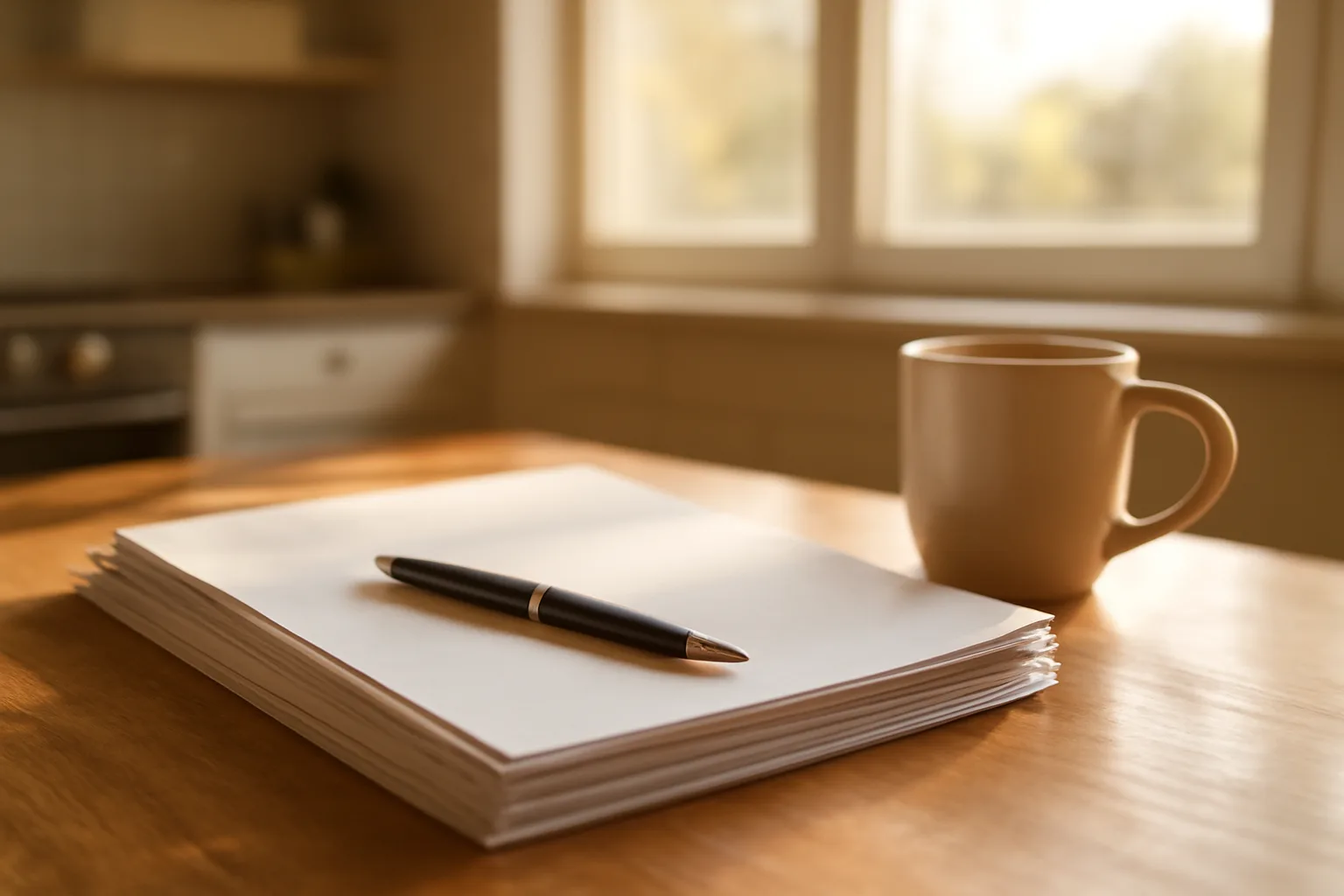 Timeshare contract paperwork and pen on a kitchen table in morning light
