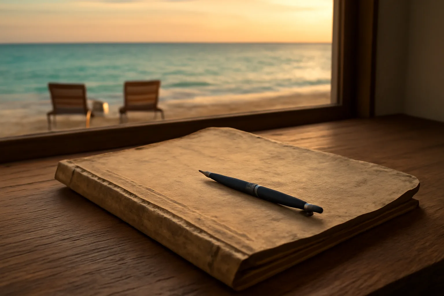 Contract folder and pen on table with ocean view, symbolizing a Mexico timeshare decision