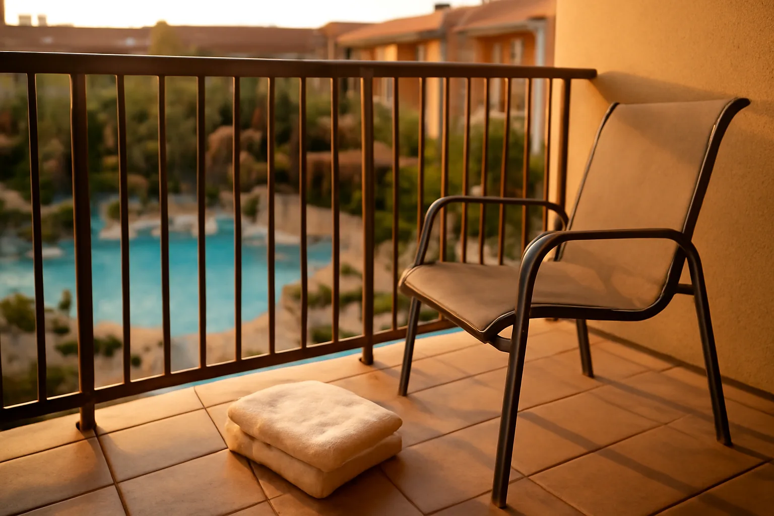 Empty resort balcony at sunset representing a timeshare owner weighing an exit decision