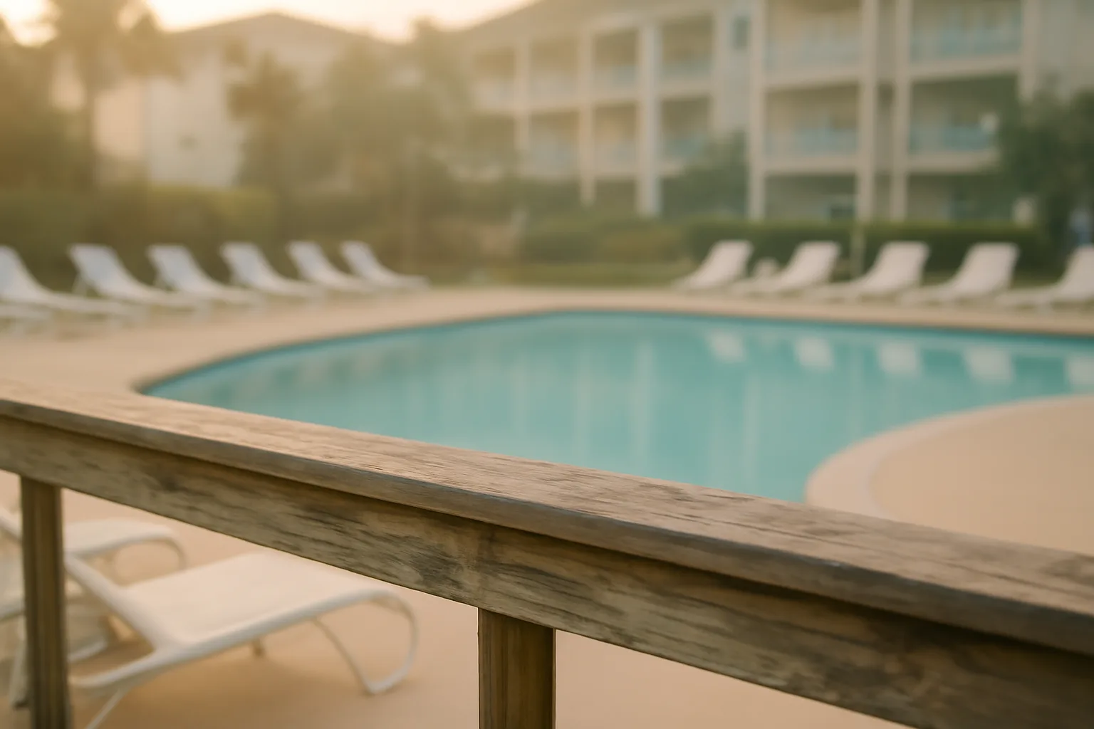 Empty resort pool deck at sunrise symbolizing a timeshare owner considering an exit