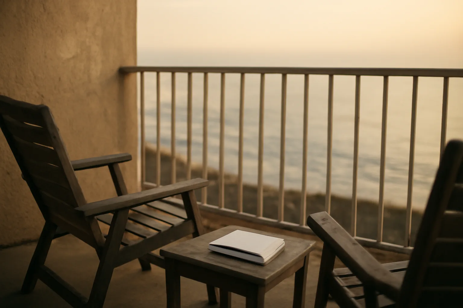 Empty timeshare condo balcony at sunset with unopened mail on a table
