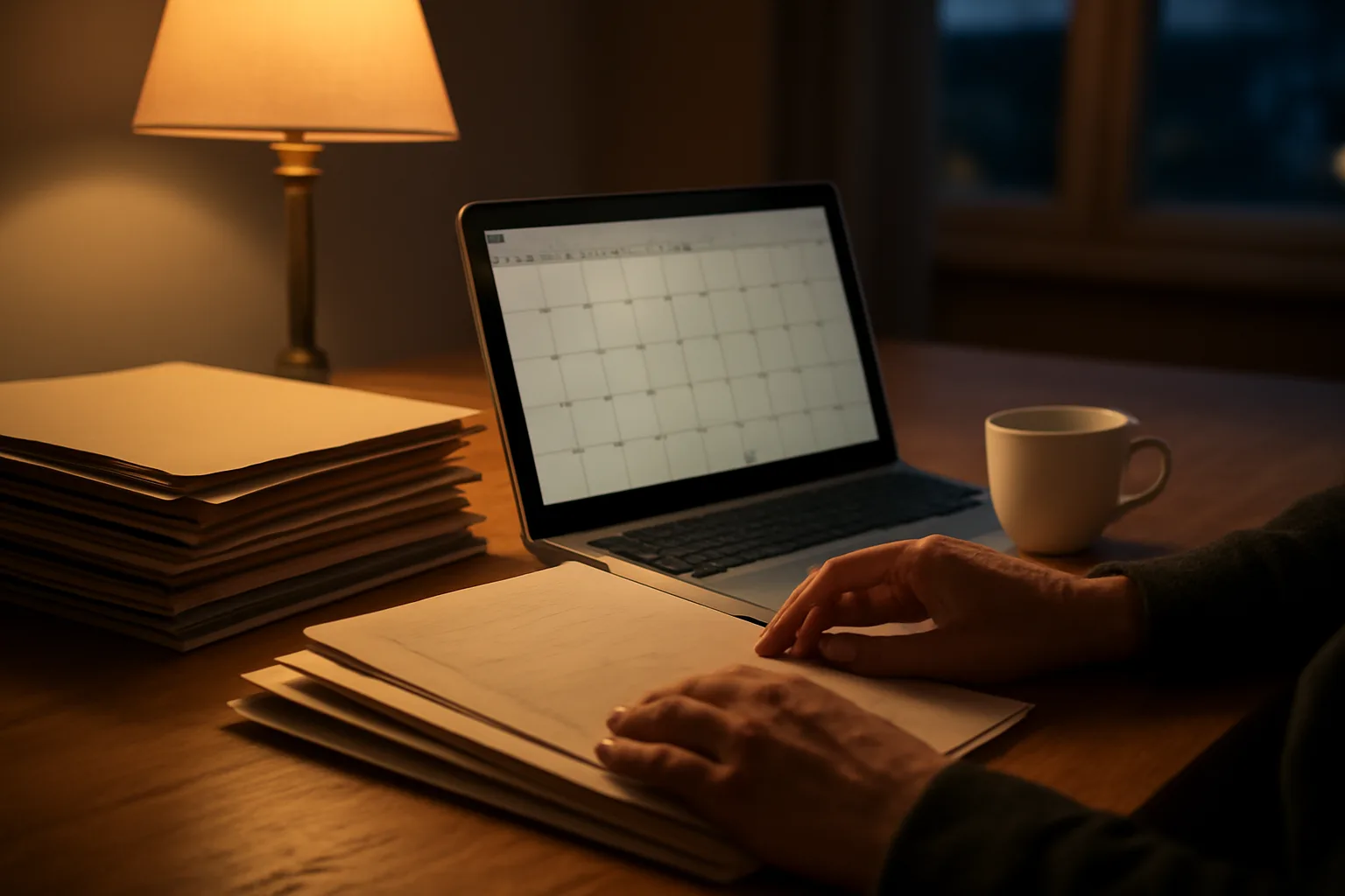 Person at a kitchen table sorting timeshare documents under warm lamp light