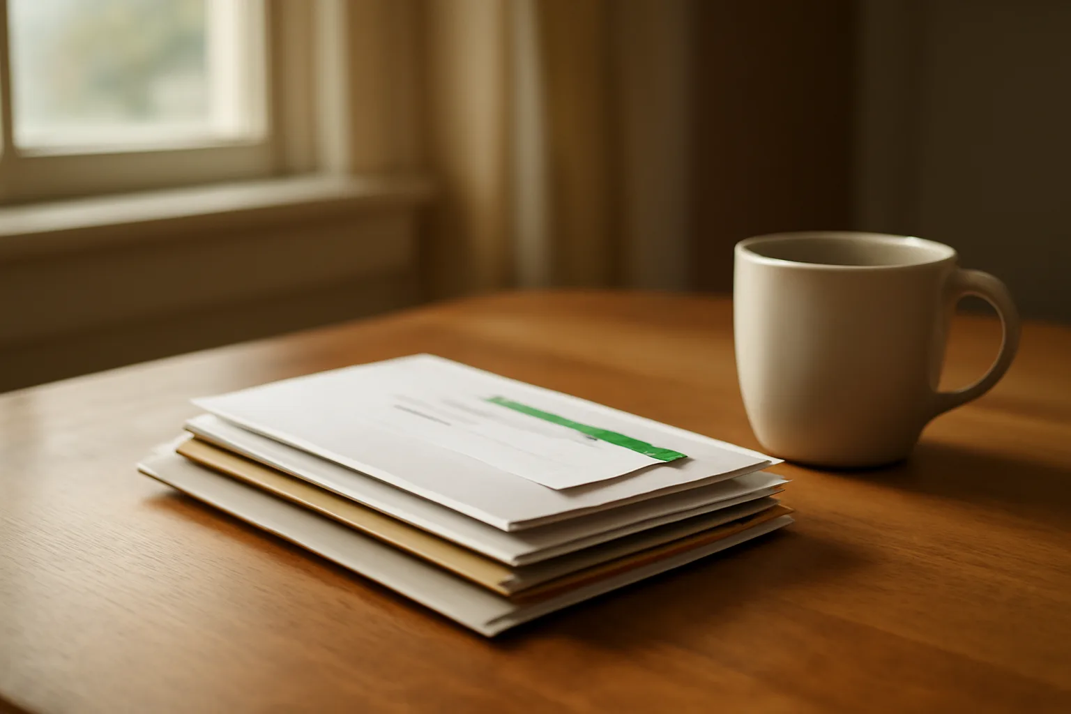 Certified mail receipt and unopened envelopes on a kitchen table in morning light