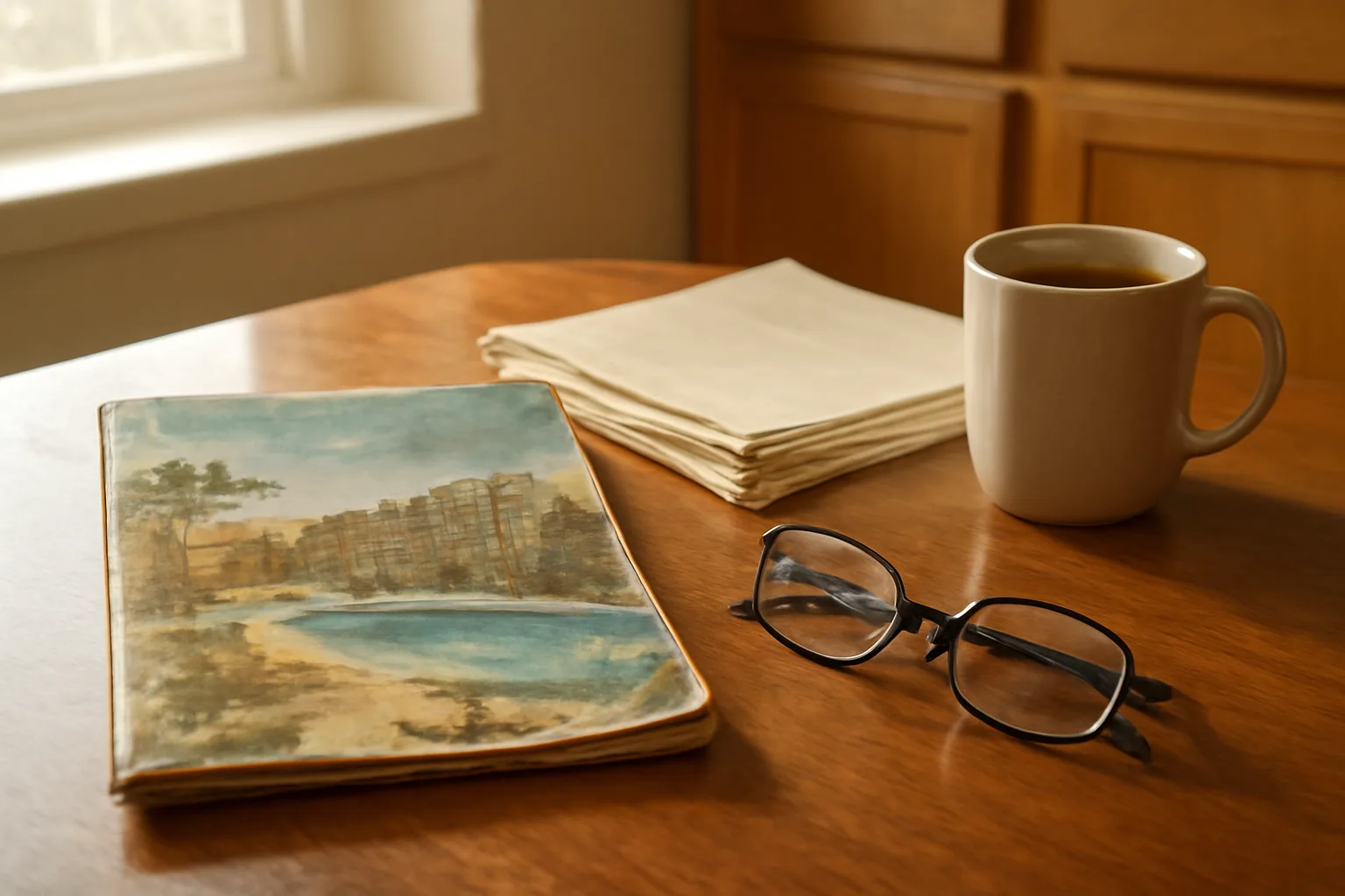 Kitchen table with timeshare paperwork and coffee mug in morning light