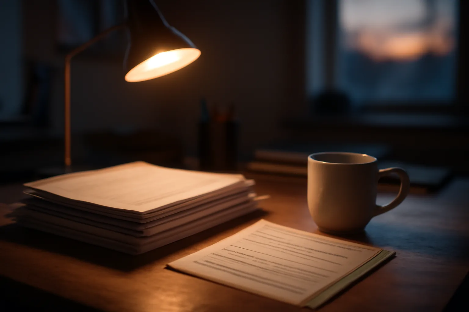 Home desk with timeshare contract papers and certified mail receipt under lamp light