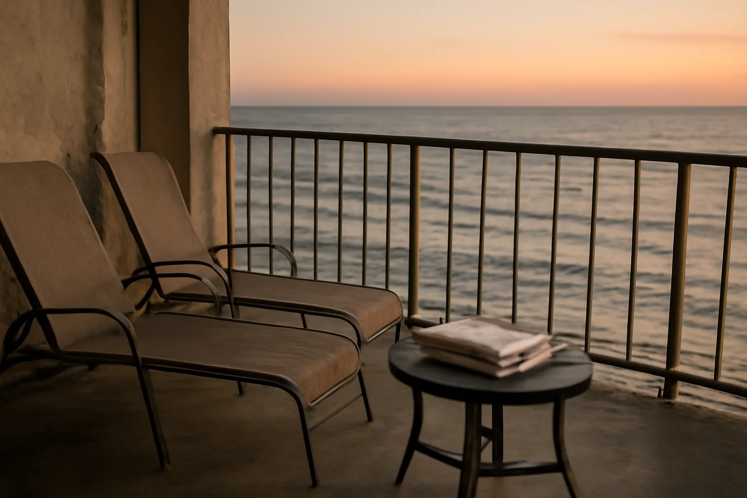 Empty timeshare balcony at dusk with a stack of unopened mail on a table