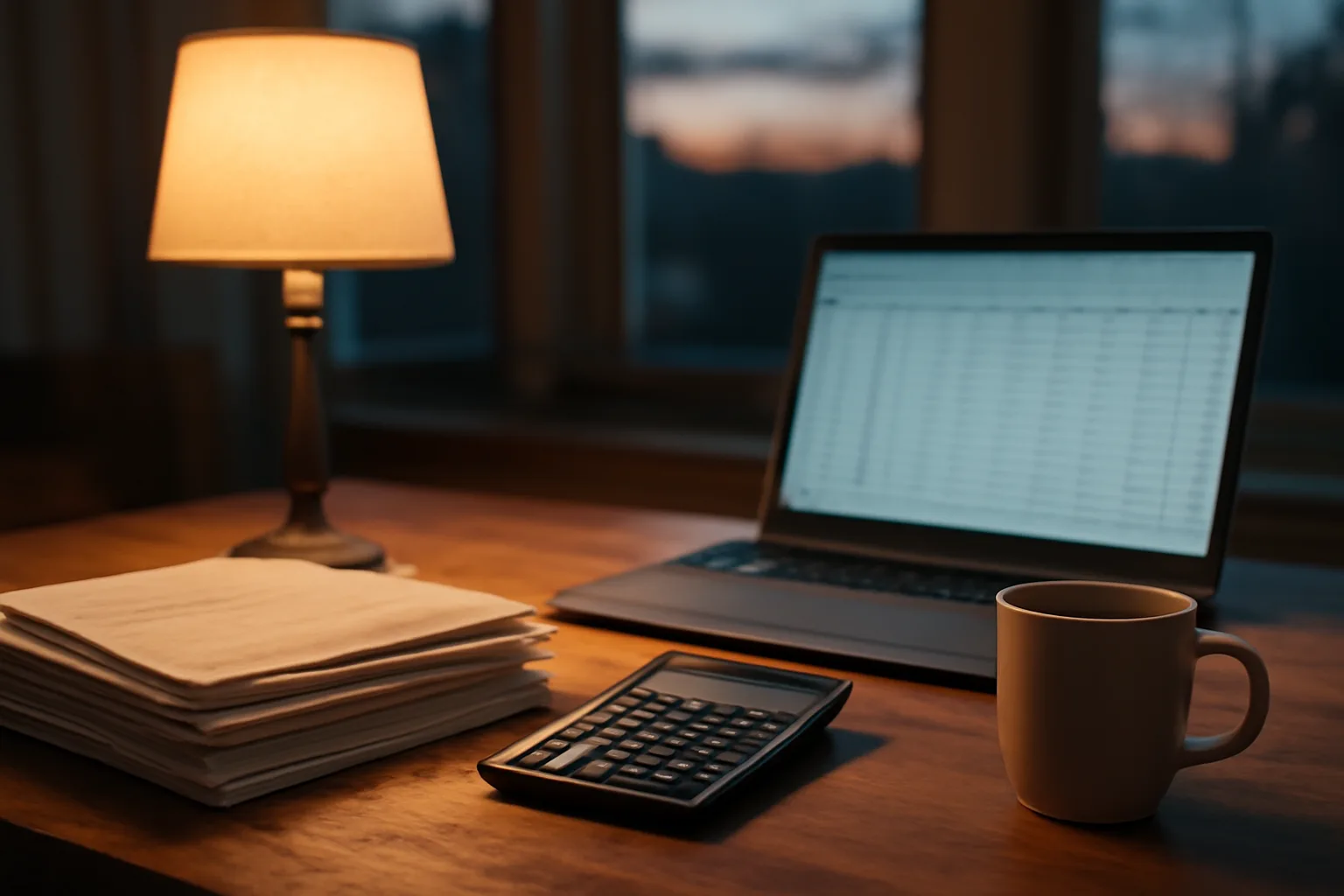 Home desk with documents and calculator during late-night timeshare research session