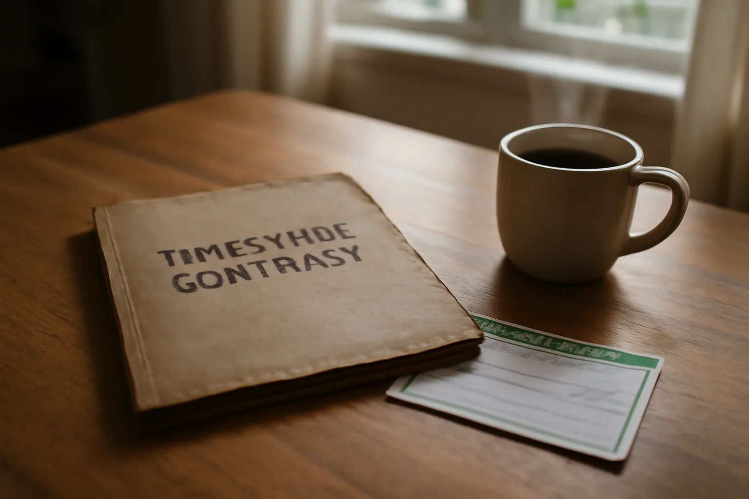 Timeshare contract folder and certified mail receipt on a kitchen table in morning light