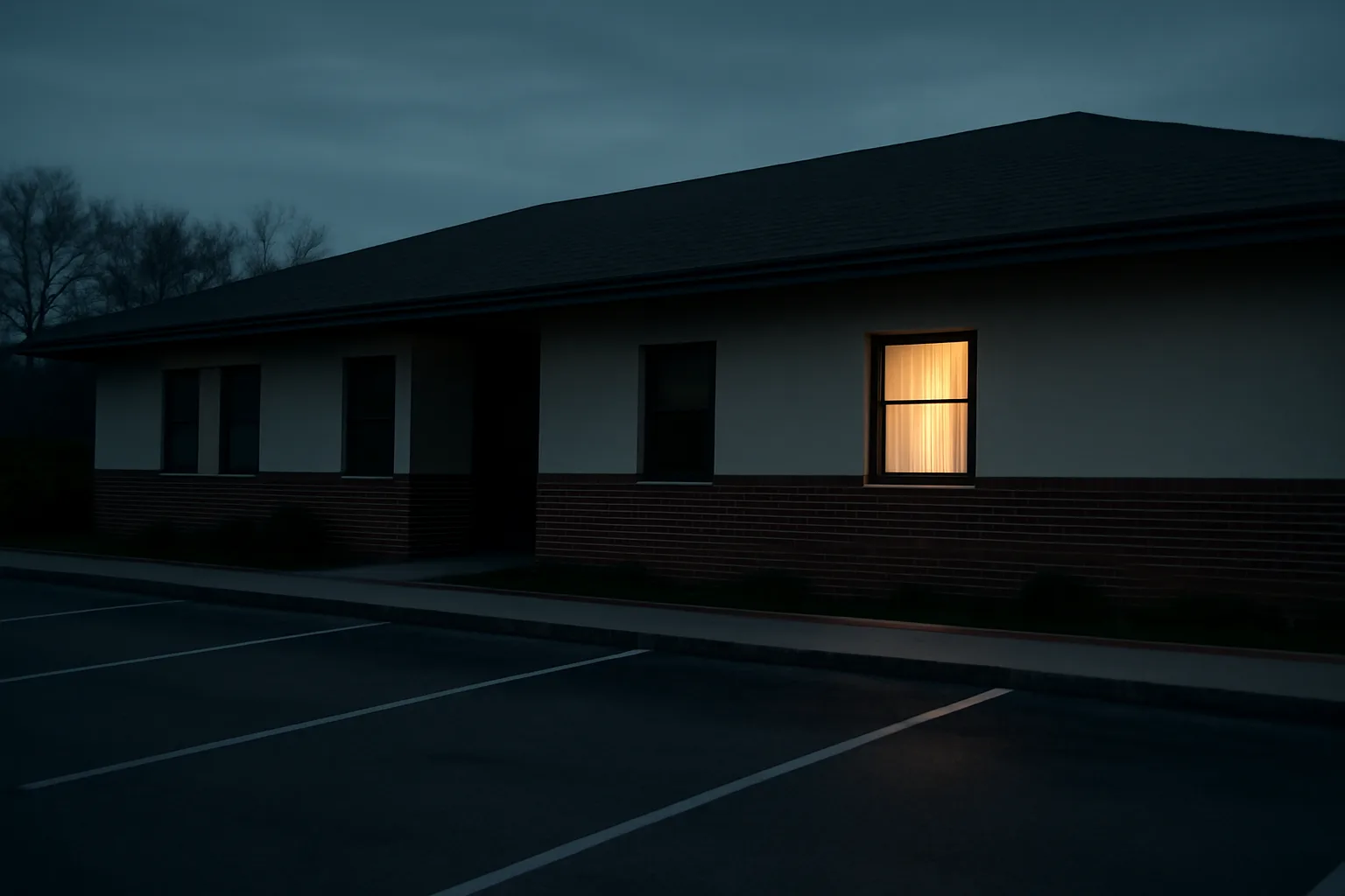 Empty office building exterior at dusk representing timeshare exit company due diligence