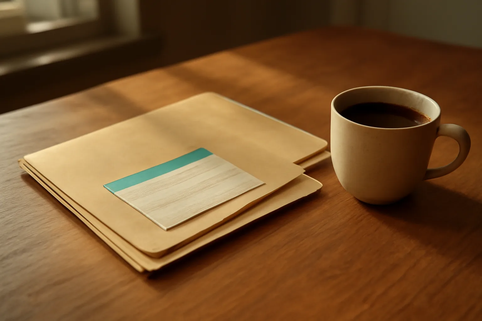 Kitchen table with timeshare paperwork and coffee cup in morning light