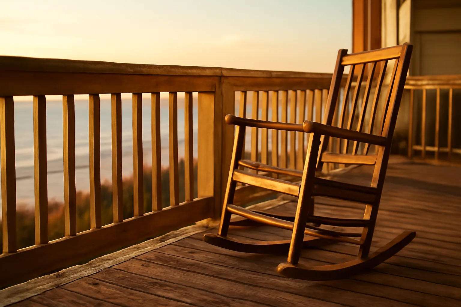 Empty porch chair overlooking the ocean at a timeshare resort at sunset