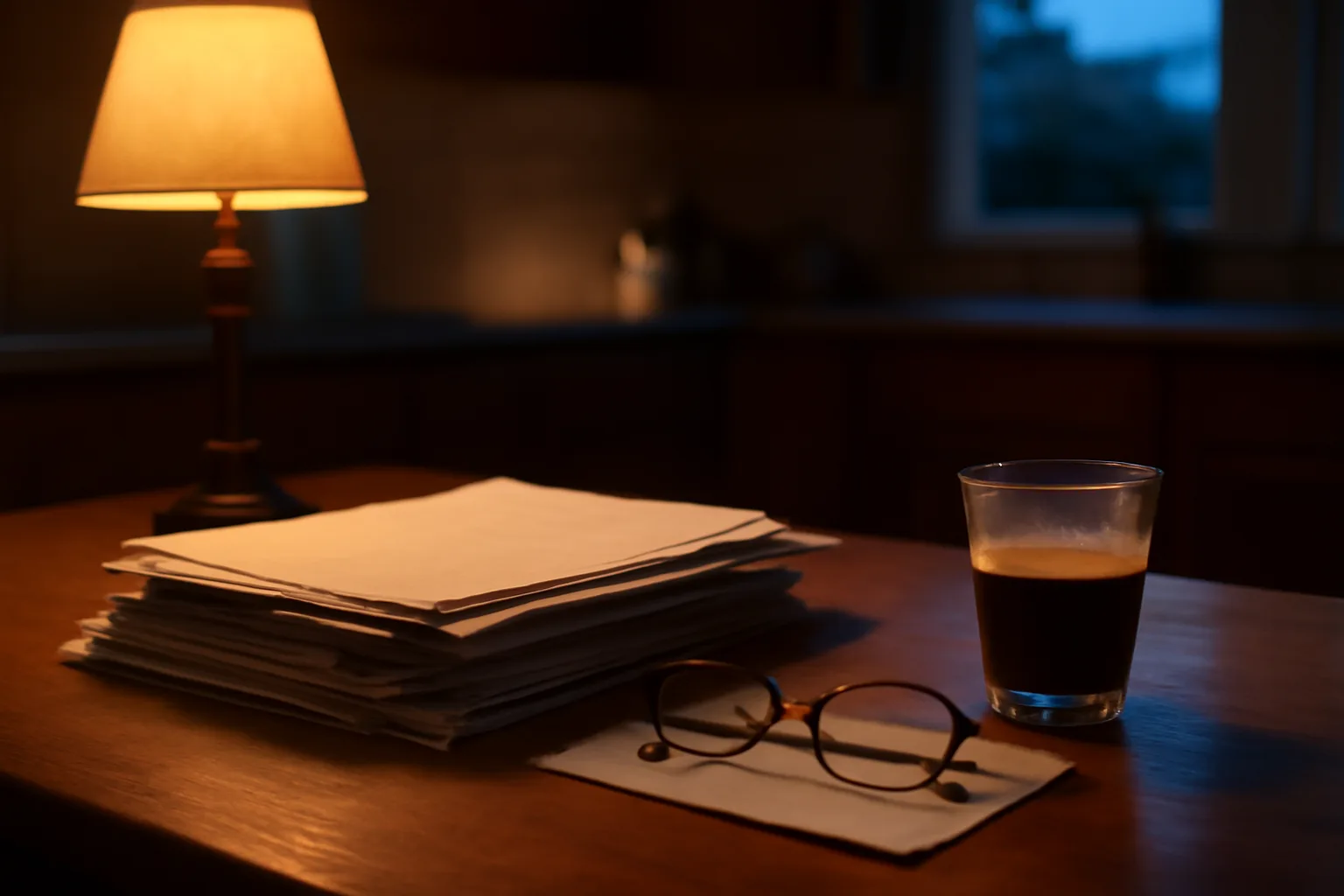 Kitchen table with timeshare paperwork and mail receipt during a nighttime review