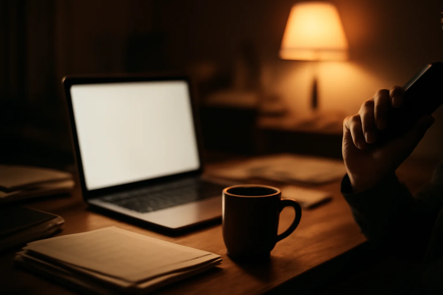 Owner on a phone call at night researching a timeshare exit decision at a home desk