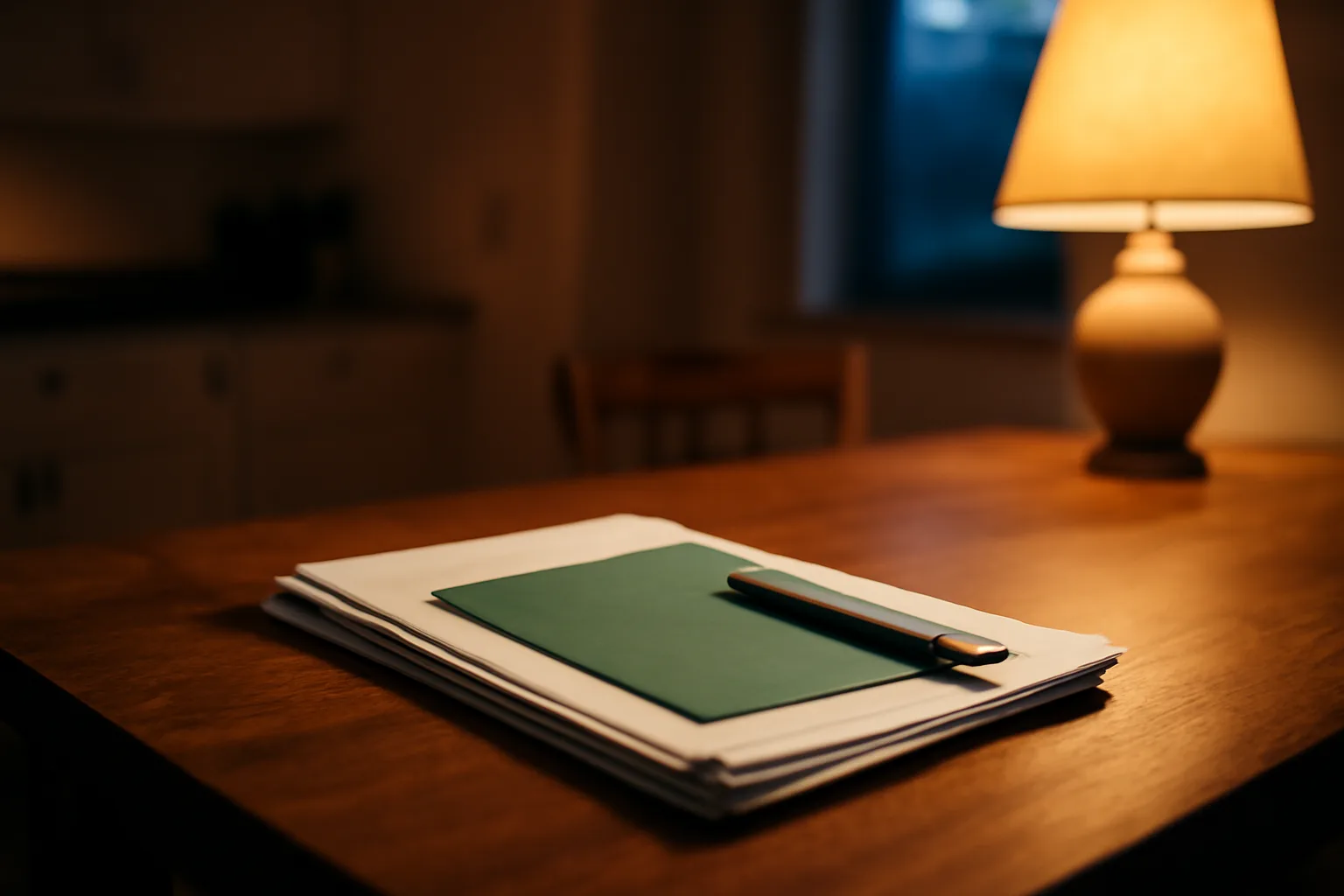 Timeshare contract papers and a pen on a kitchen table under lamp light