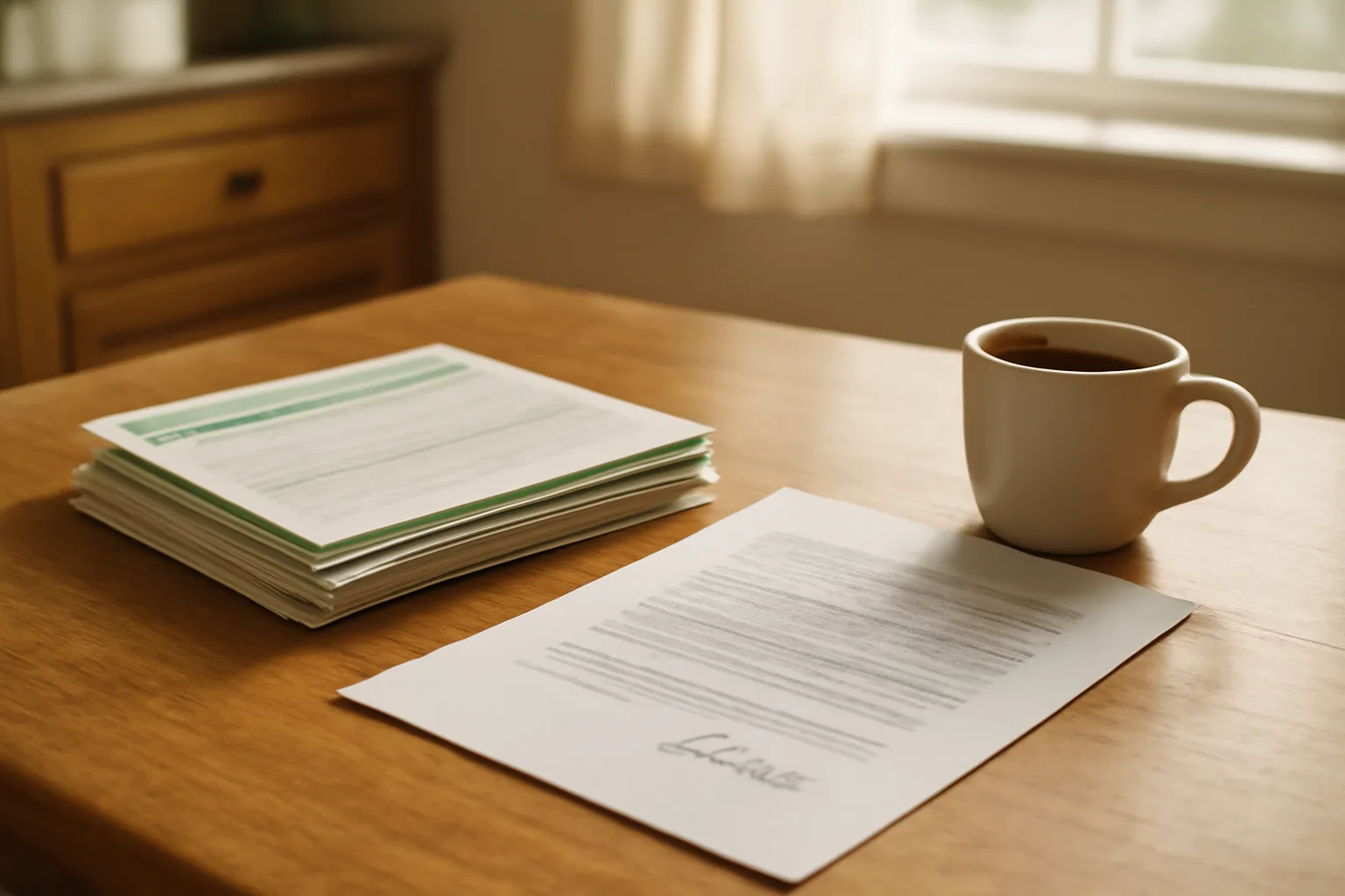 Kitchen table with mail receipts and a signed contract representing a safe timeshare exit