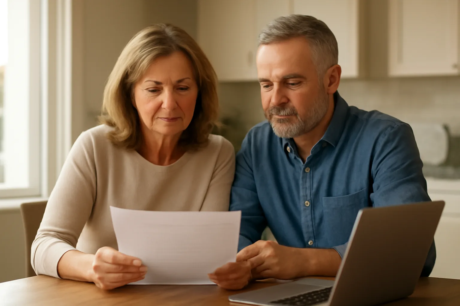 Couple reviewing timeshare contract documents at home with laptop