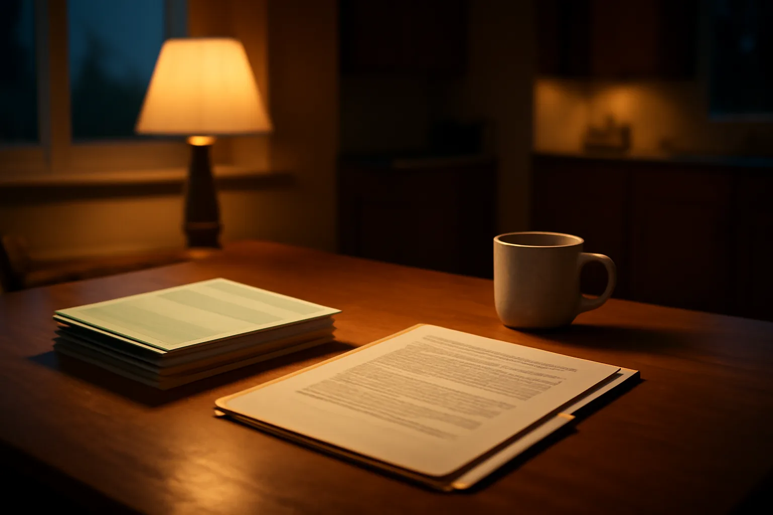 Kitchen table with mail receipts and a contract folder, symbolizing a timeshare cancellation review