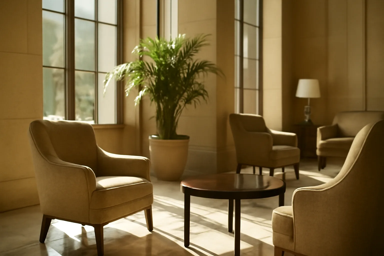 Modern hotel lobby with seating and natural light, representing timeshare hospitality
