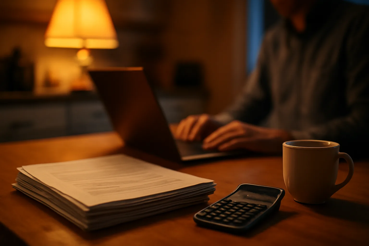 Kitchen table scene with contracts and calculator representing timeshare exit financing decisions