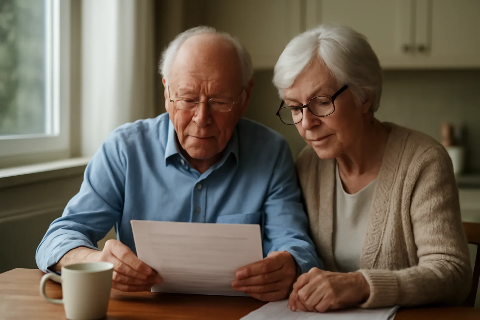 Senior couple reviewing timeshare exit paperwork together at a kitchen table
