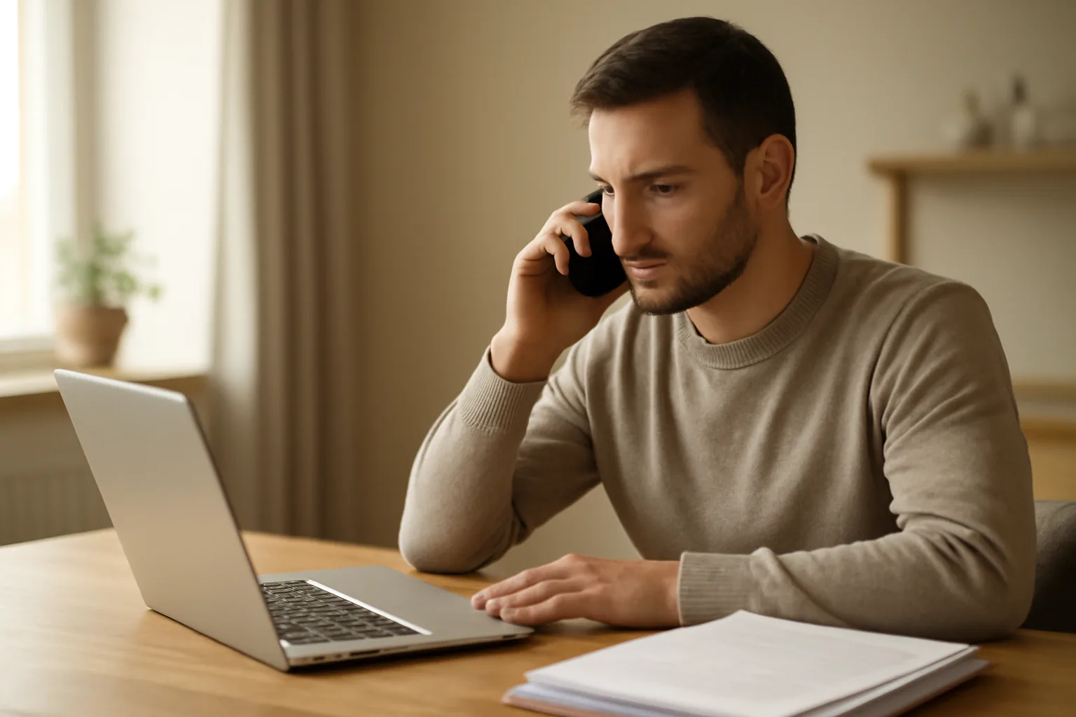 Timeshare owner reviewing contracts and making phone calls about exit options