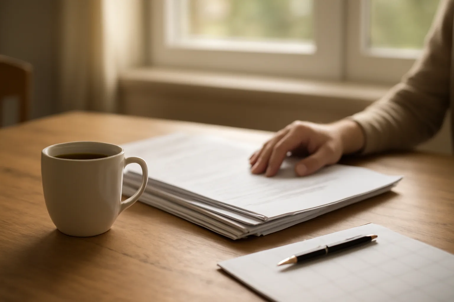 Hand reviewing timeshare contract documents at a table during morning light