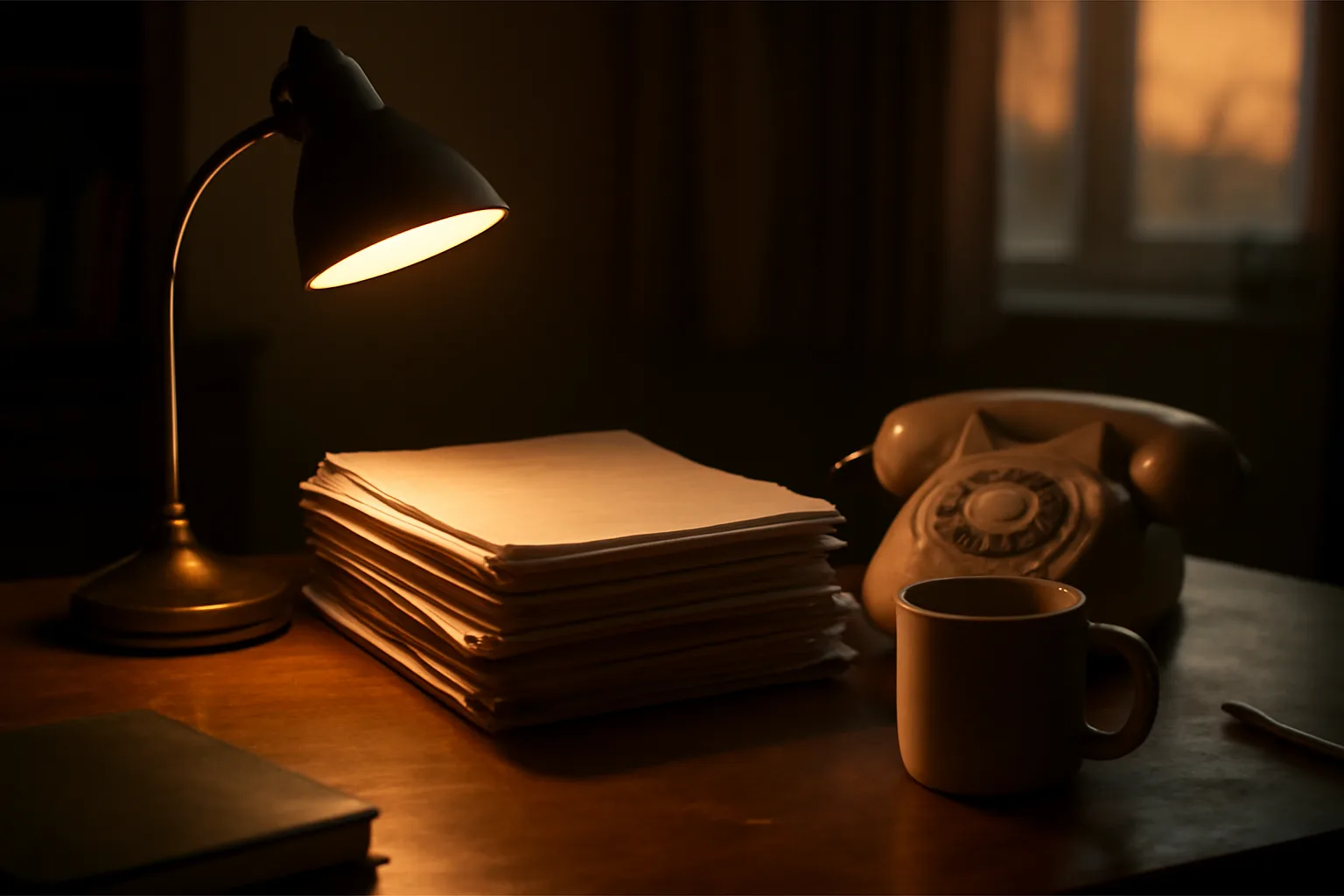 Desk with timeshare contract papers and lamp light, no people visible