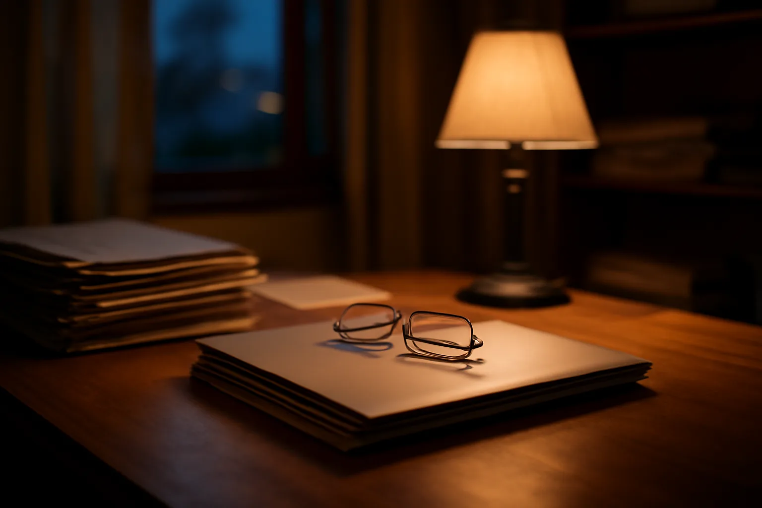 Desk with folders and reading glasses, evoking research into timeshare exit lawyers