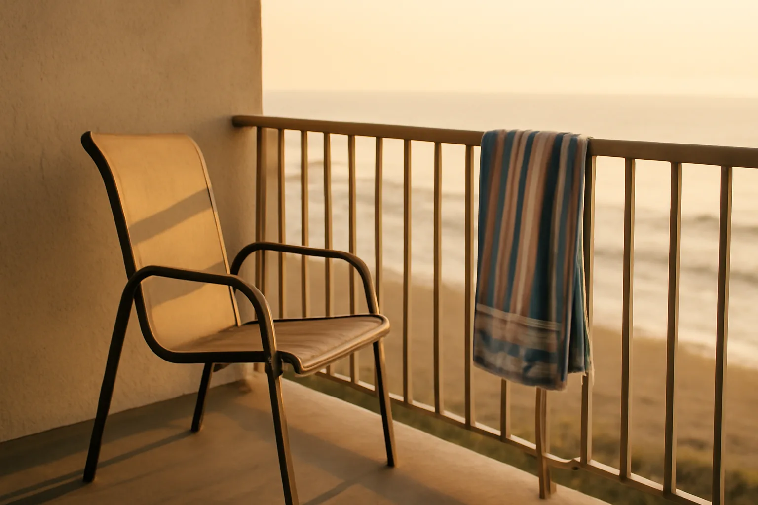 Empty condo balcony at sunrise representing a timeshare owner planning their exit