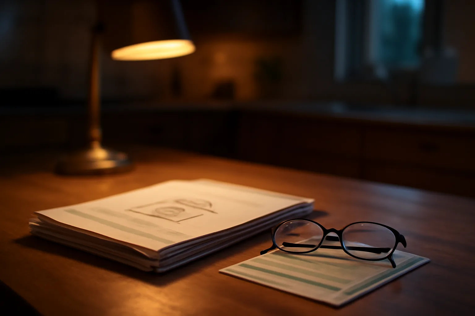 kitchen table with timeshare paperwork and a certified mail receipt under lamp light