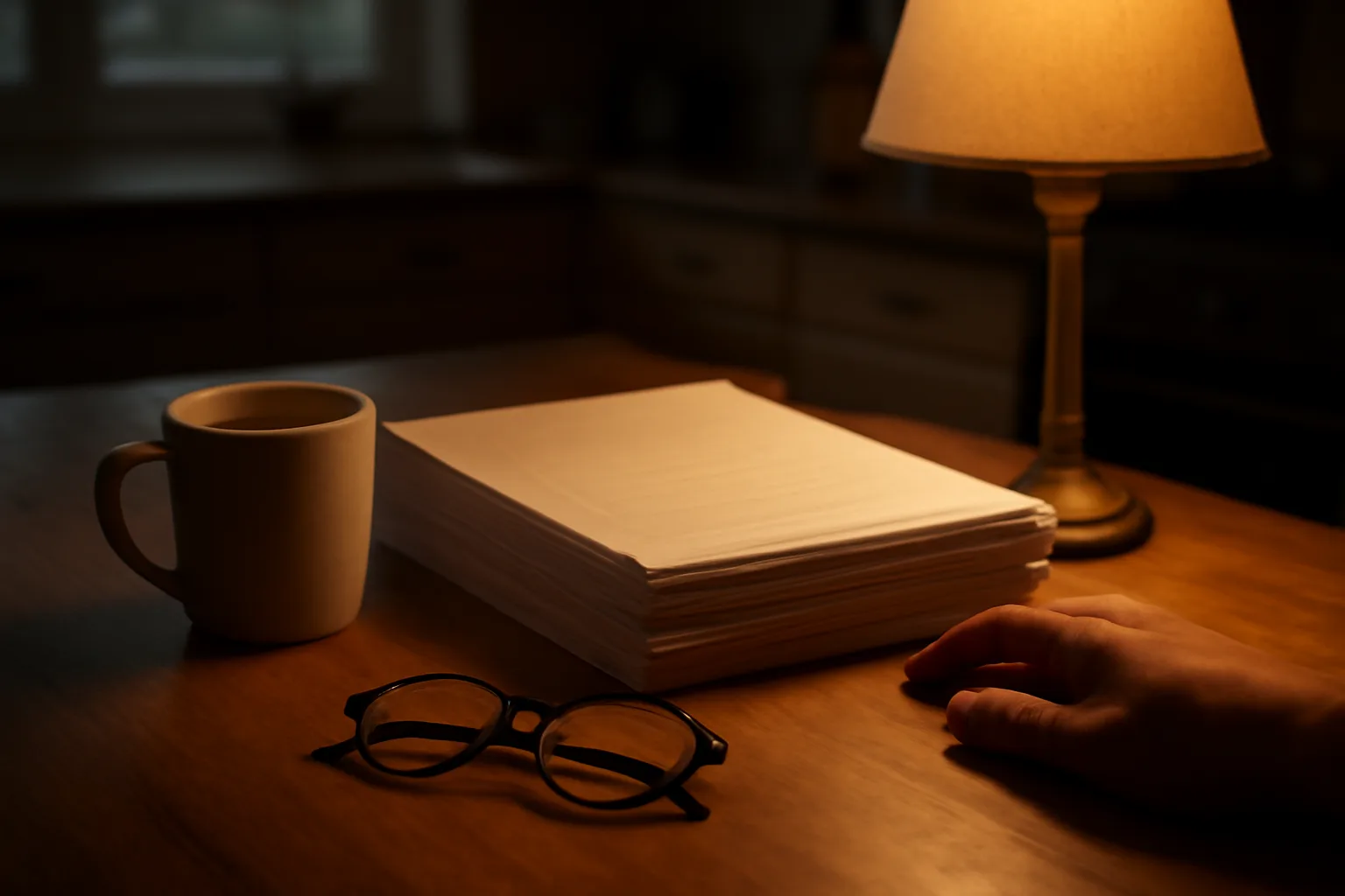 Timeshare owner reviewing contract paperwork at a kitchen table during an exit property search