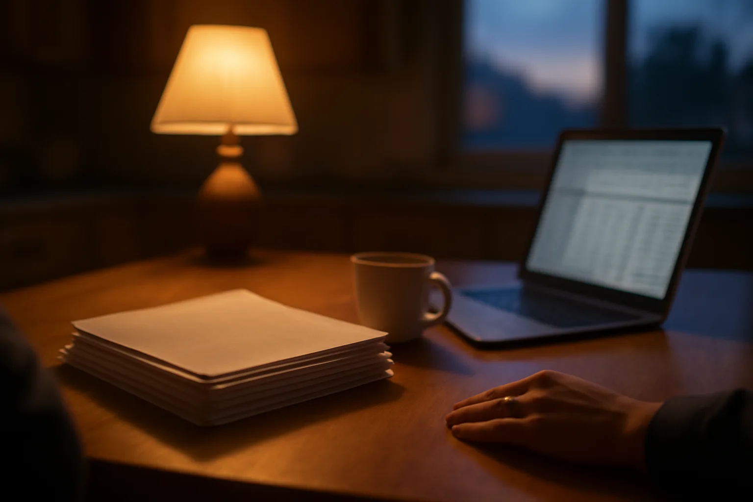 Timeshare owner reviewing contract paperwork at a kitchen table at night