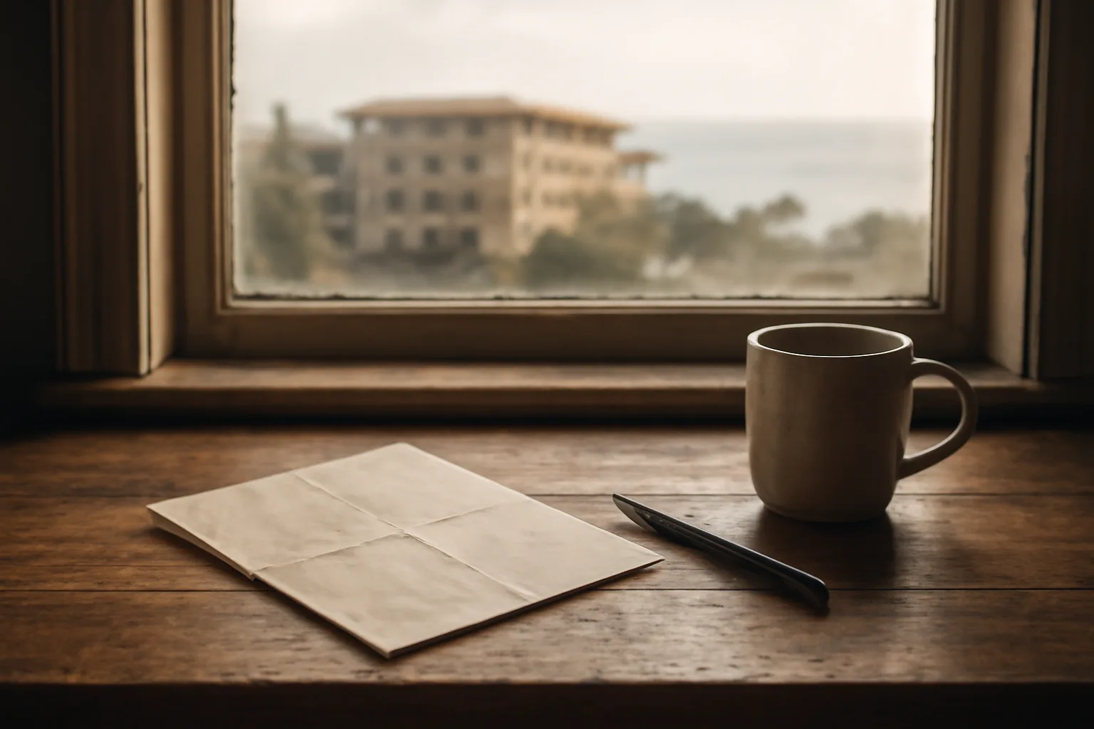 Desk scene with paperwork and coffee cup near a window facing a resort
