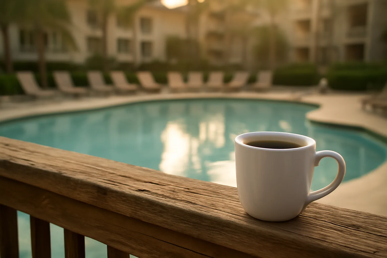 Empty resort pool deck at sunrise symbolizing timeshare ownership and exit decisions