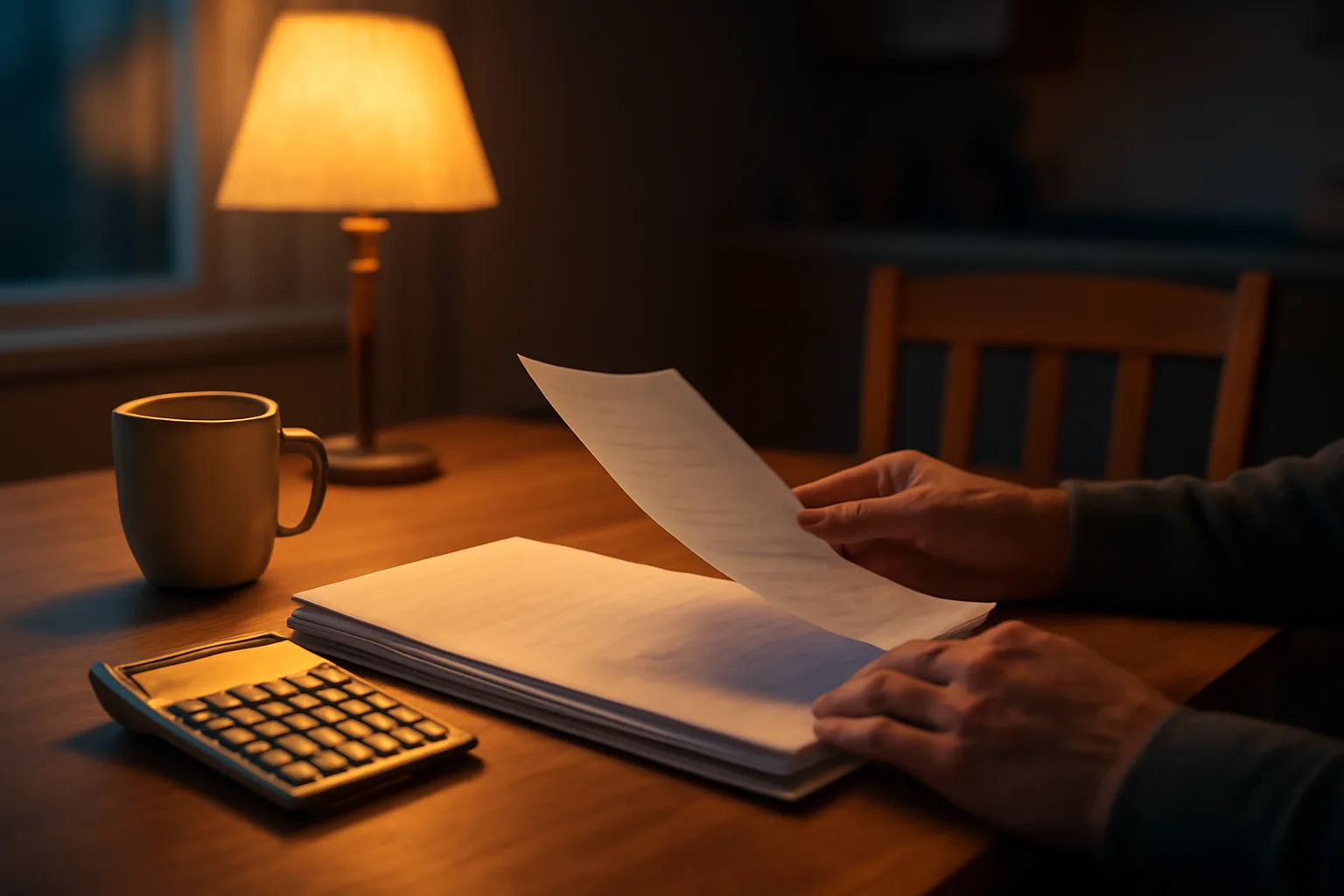 Person reviewing timeshare exit paperwork and costs at a kitchen table
