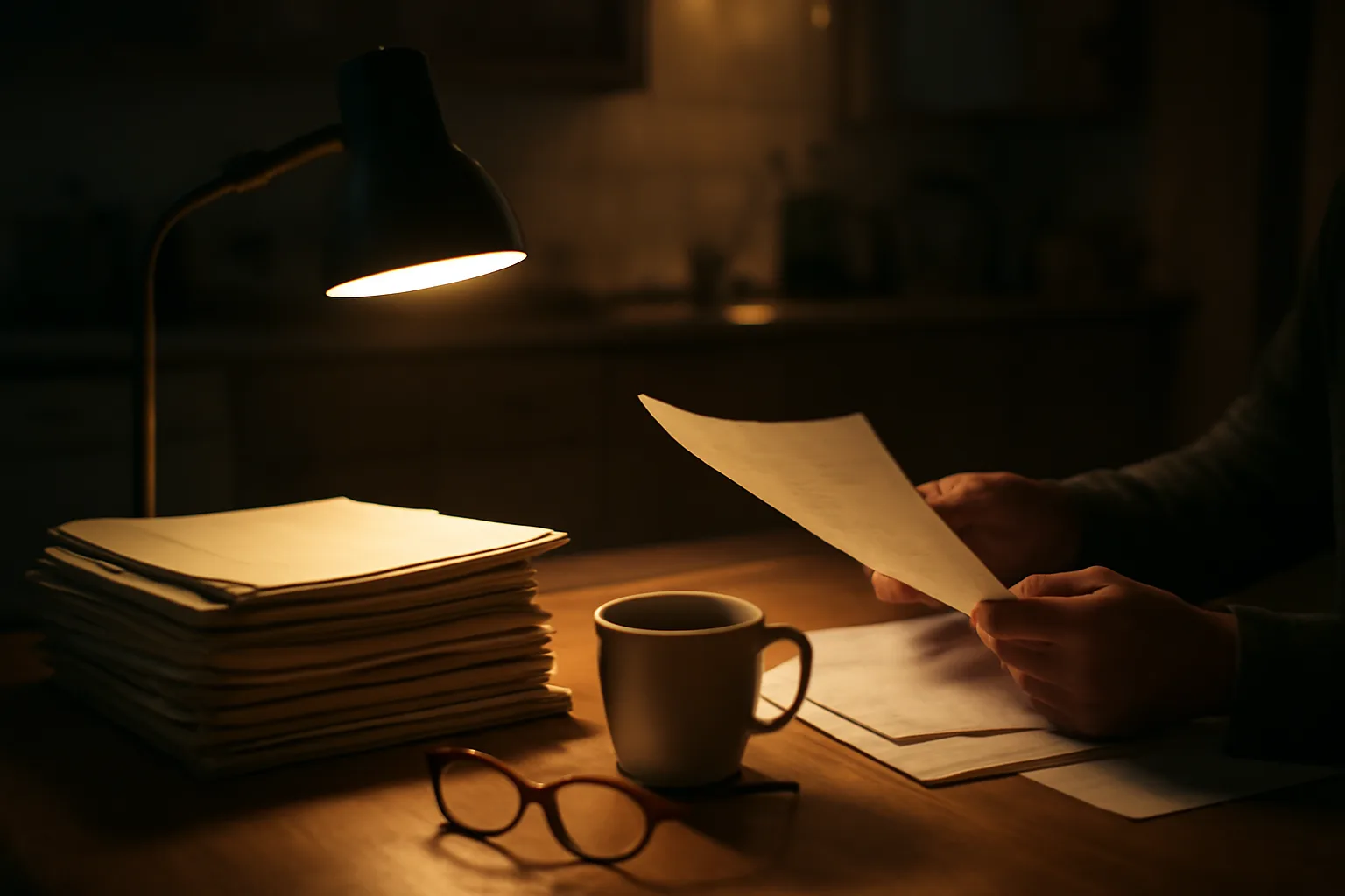 Hands sorting timeshare paperwork at a kitchen table under lamp light