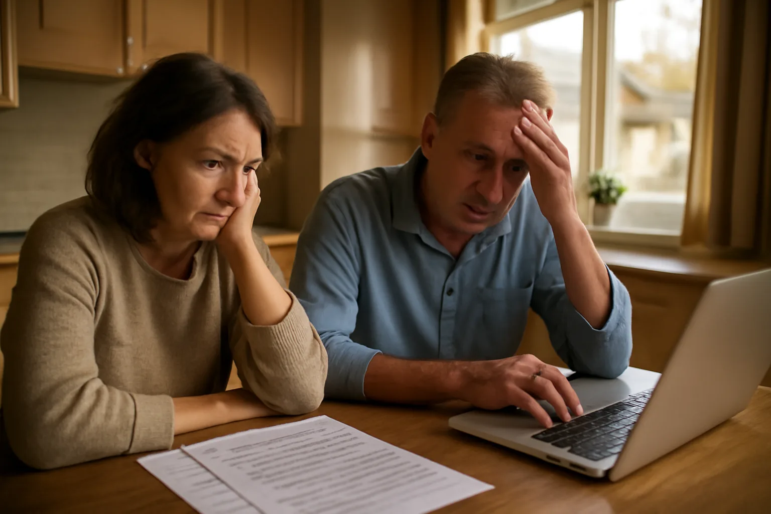 Couple reviewing timeshare exit paperwork at home