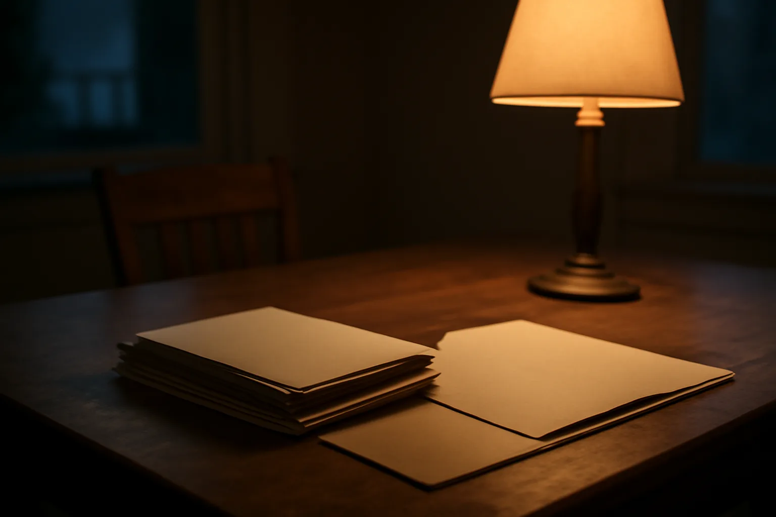 Kitchen table at night with folder and mail receipts representing timeshare exit paperwork