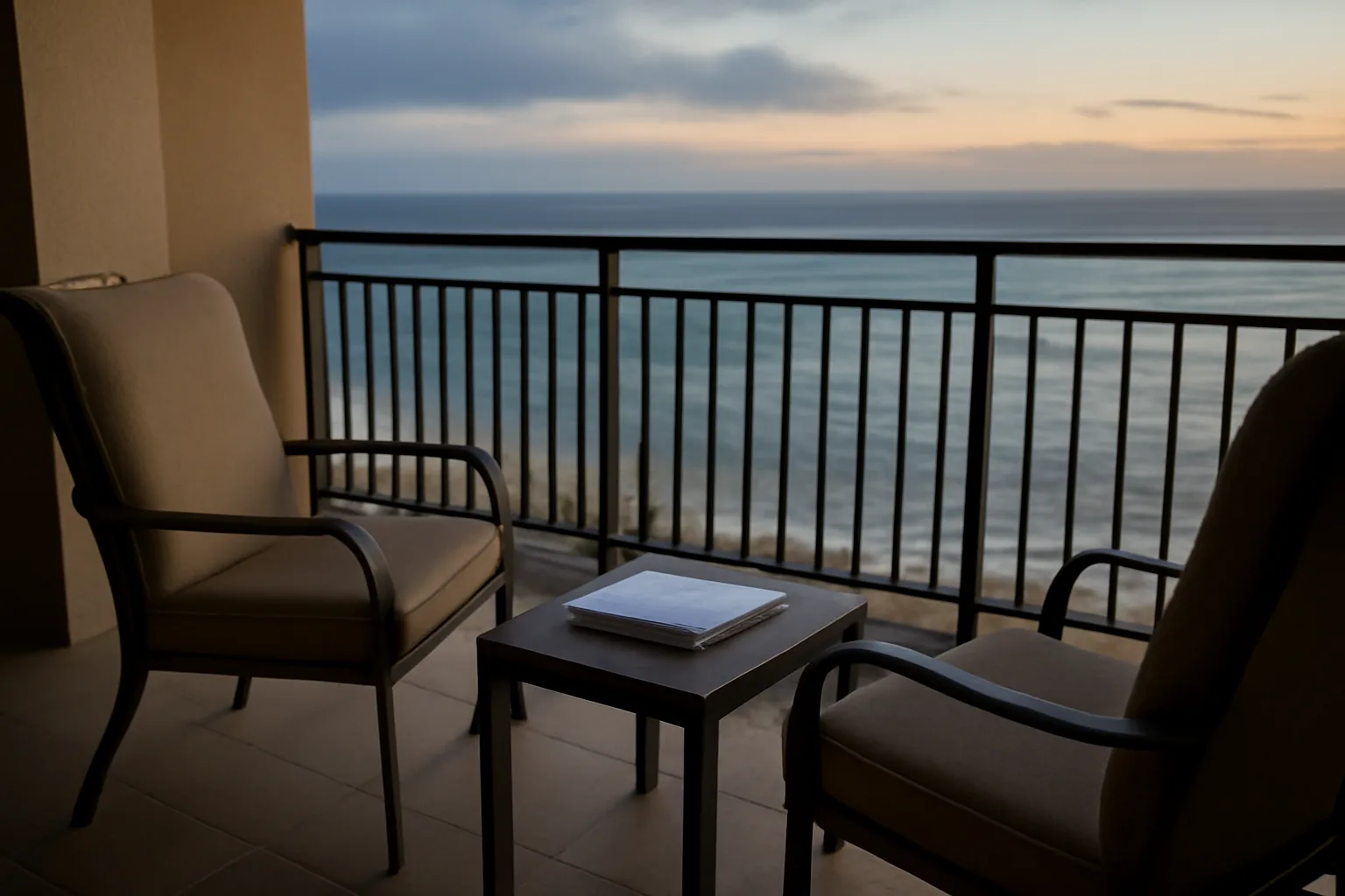 Empty timeshare resort balcony at dusk representing timeshare help and exit decisions